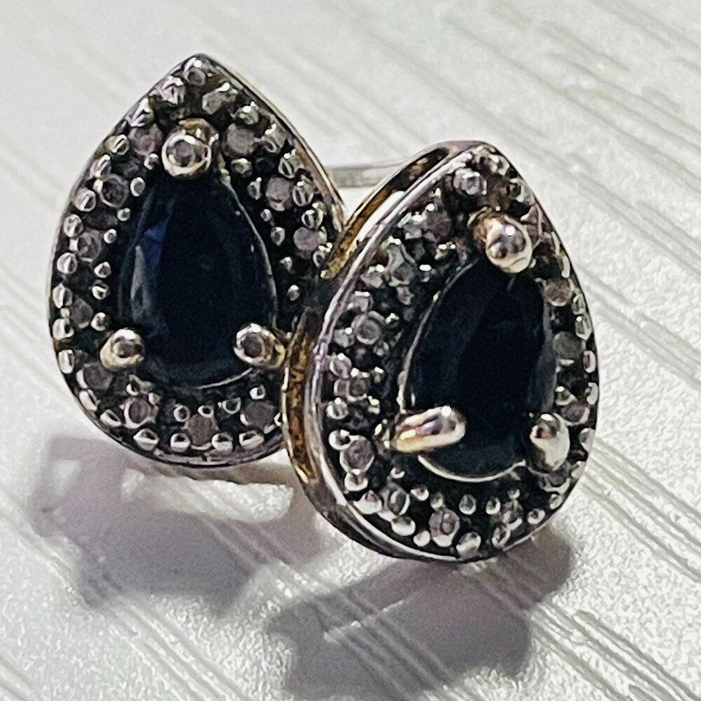 VINTAGE Signed 925 Sterling Silver Pear Blue Stone Stud Earrings Halo Setting